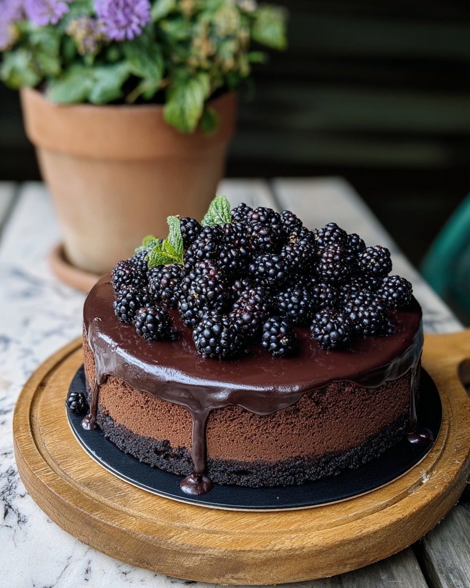 A round, two-layer chocolate cake sits on a wooden board with a black base layer. The bottom layer is dark and crumbly, while the top layer is smooth, glossy chocolate ganache with a rich, shiny texture. On top of the cake, there is a pile of fresh blackberries, dark purple and shiny, adding a natural and juicy look. The cake is placed on a wooden table with a white marbled background. In the background, a clay pot with green leaves and purple flowers is visible. photo taken with an iphone --ar 4:5 --v 7