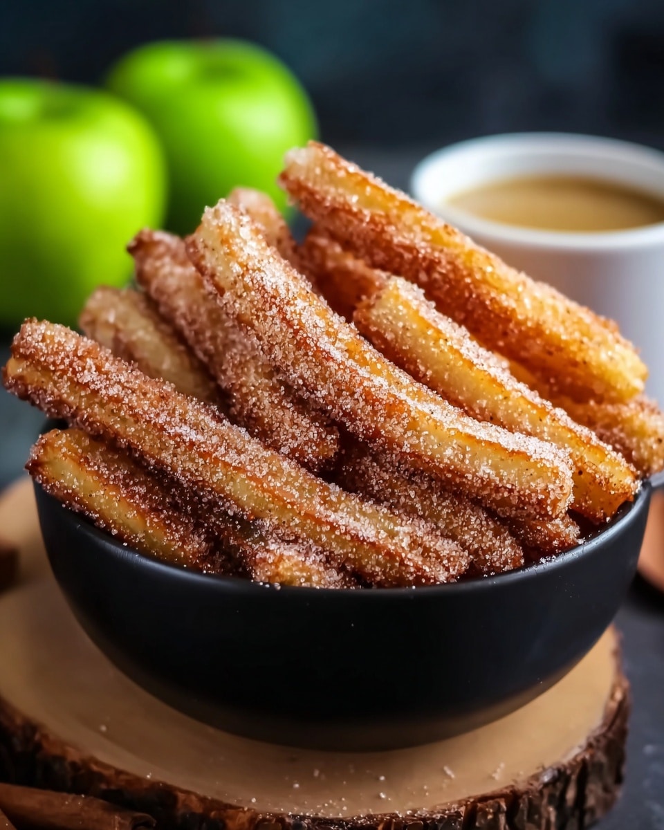 A black bowl filled with about two layers of golden brown churros sticks covered generously in sparkling white sugar and light brown cinnamon powder, showing a crunchy outer texture. The churros are placed unevenly, some leaning on others, creating a layered and cozy look. In the background, there are two blurred green apples and a white cup with a light brown dipping sauce inside. The bowl sits on a round piece of wood against a blurred dark background. photo taken with an iphone --ar 4:5 --v 7