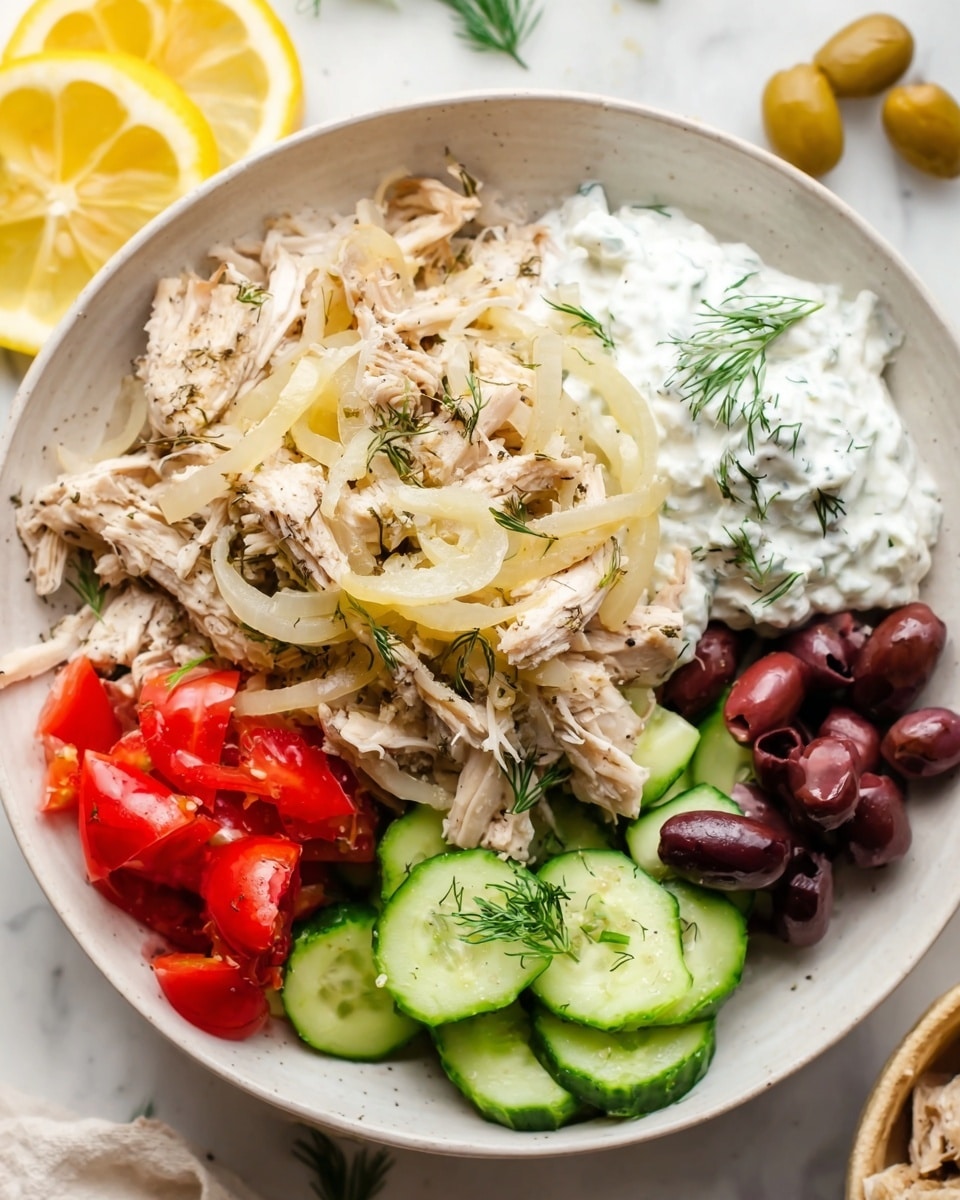 A white bowl contains shredded light brown chicken layered in the center topped with cooked sliced onions that are pale yellow and slightly translucent. On one side, there is a fluffy white scoop of tzatziki with green dill on top, and on the opposite side, there are bright red diced tomatoes and dark purple olives. Below the chicken, sliced cucumber pieces with green skin rest against the bowl’s edge. The bowl sits on a white marbled surface with a few lemon wedges and some scattered small olives nearby. photo taken with an iphone --ar 4:5 --v 7