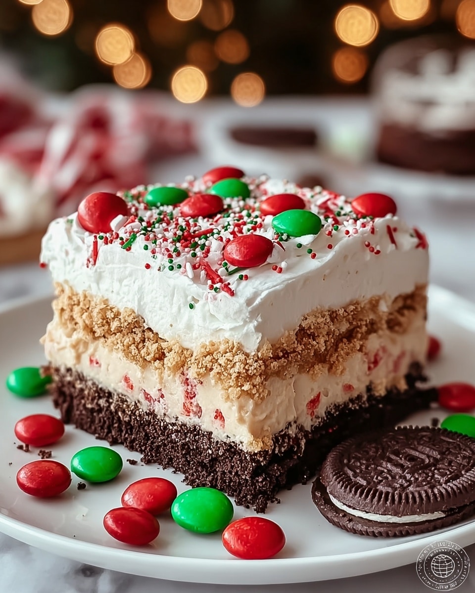 A square slice of dessert is shown with four visible layers on a white plate. The bottom layer is dark brown, crumbly, and dense, looking like a chocolate crust. Above it, there is a creamy off-white layer with small bits of crushed red and white pieces mixed through it. The next layer is a light tan crumbly layer, resembling a soft cake or cookie base. On top is a thick white whipped cream layer decorated with small red and green round sprinkles, and large red candy pieces scattered on the surface. Around the plate lie several more green and red candy pieces, with a whole chocolate sandwich cookie placed beside the plate. The background is softly blurred with warm, festive lights and colors, sitting on a white marbled surface. Photo taken with an iphone --ar 4:5 --v 7