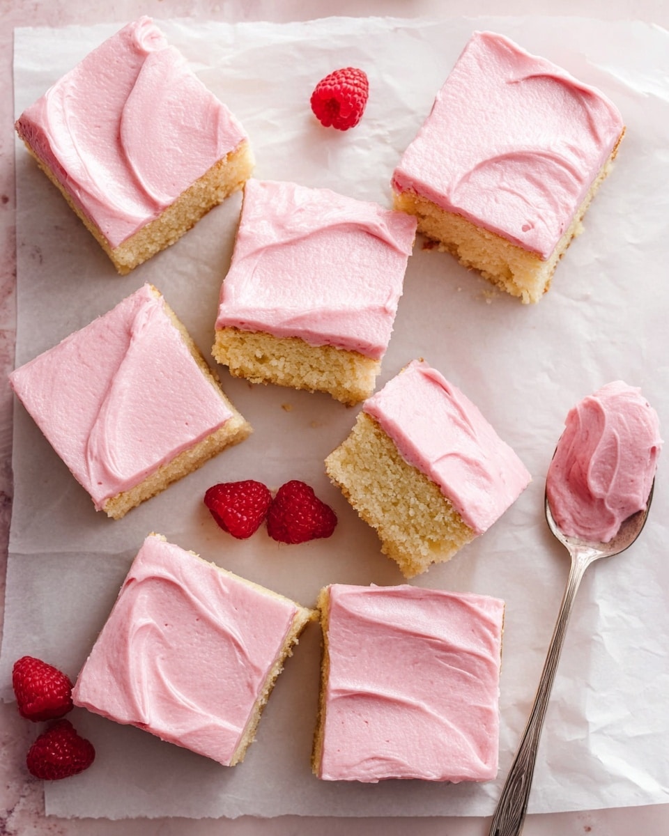 Nine squares of yellow cake with a soft texture are laid out on a white marbled surface with a sheet of white parchment paper beneath them. Each square has one even layer of smooth, pink frosting with a creamy texture and slight swirls on top. Two of the cake squares are turned on their side, showing the thick pink frosting layer on top and the moist crumb of the yellow cake beneath. Two fresh red raspberries and a silver spoon with pink frosting are placed on the right side of the cake squares. The photo is taken from above with soft, natural light. photo taken with an iphone --ar 4:5 --v 7