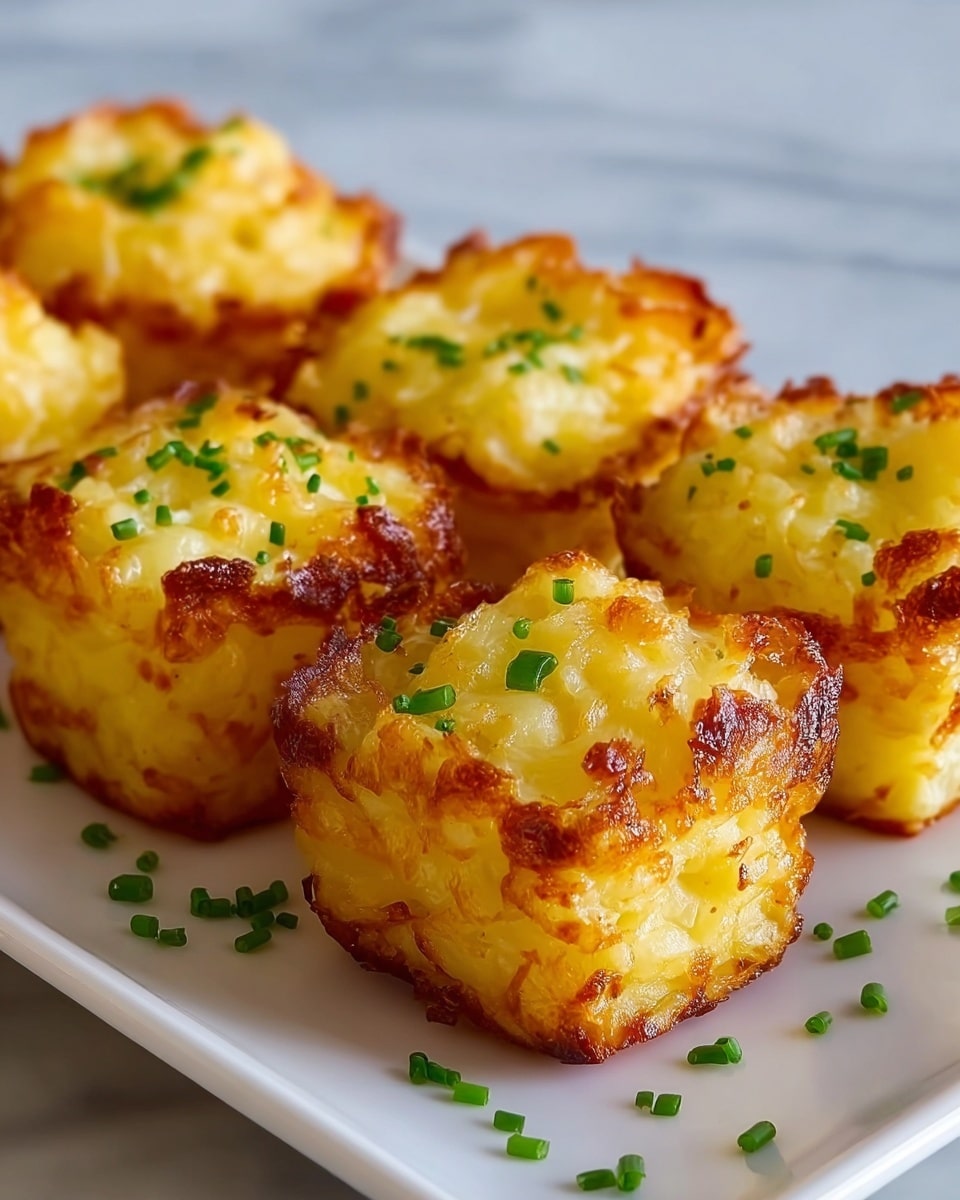 The image shows six golden brown, crispy textured potato puffs arranged in two rows of three on a white rectangular plate. Each puff is roughly cube-shaped with a slightly uneven, fluffy surface that is crispy and browned on the edges, showing a soft and creamy light yellow inside. Small green chopped chives are scattered on top and around the puffs, adding a fresh color contrast. The plate is placed on a white marbled surface. photo taken with an iphone --ar 4:5 --v 7