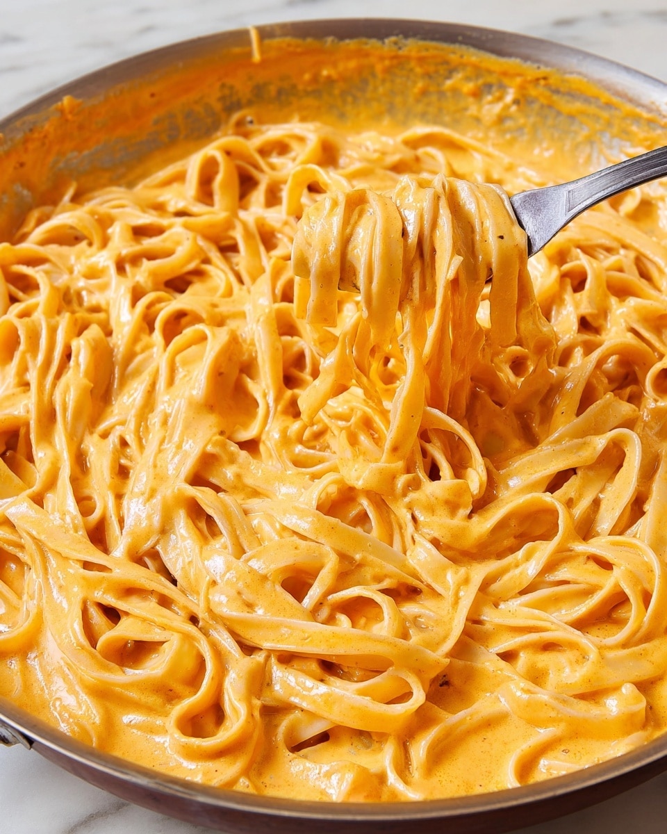 The image shows a close-up of a creamy pasta dish with long flat noodles fully coated in a rich orange sauce. The noodles are soft and tangled together in a shallow pan, with the sauce smoothly clinging to each strand. A metal fork is gently lifting a small twisted bundle of noodles from the sauce, which looks thick and velvety. The pan holds the pasta and sauce tightly, and the edges show some sauce residue. The surface under the pan is a white marbled texture. photo taken with an iphone --ar 4:5 --v 7
