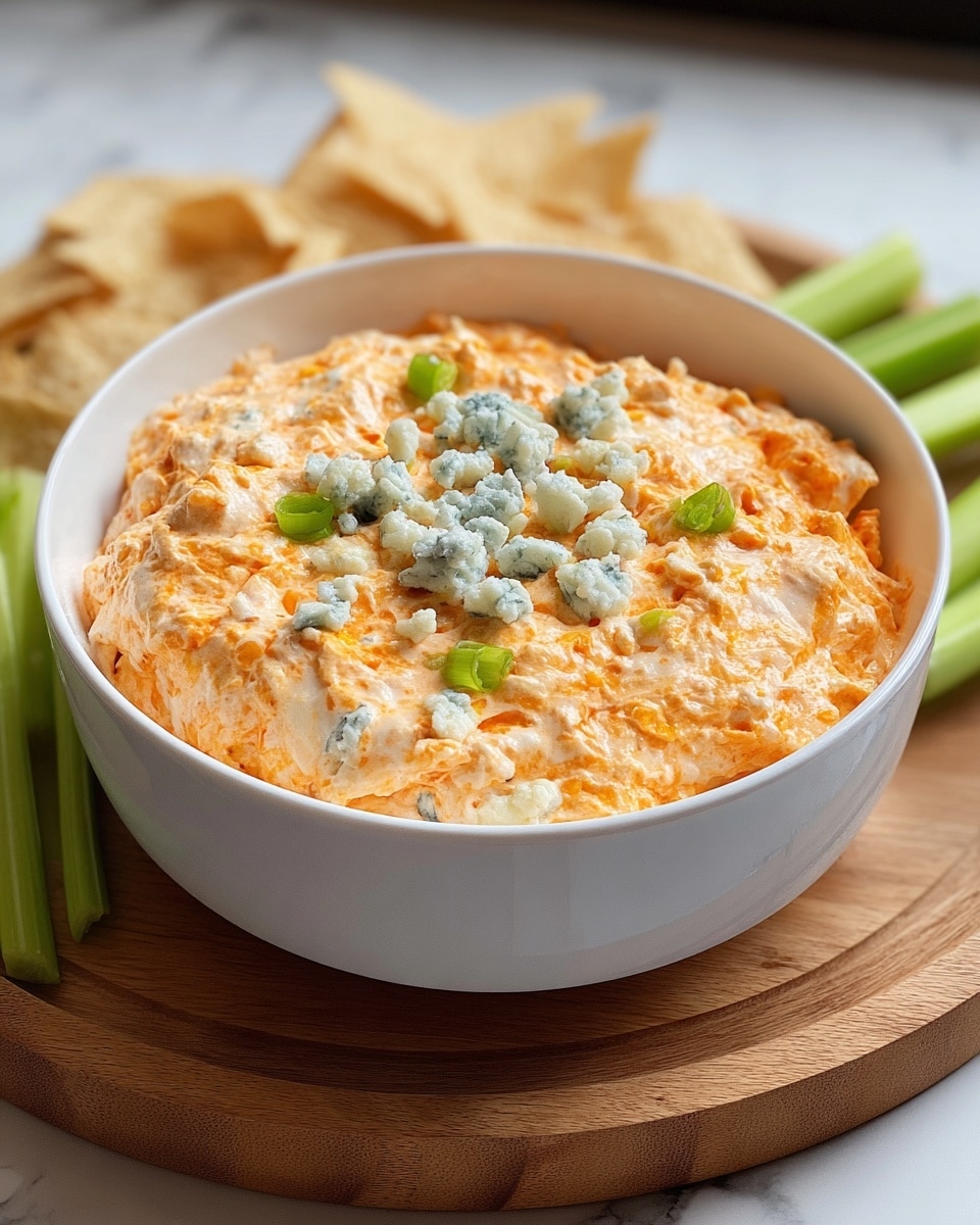 A white bowl filled to the top with a creamy, textured dip that has an orange tint mixed with white, indicating a cheesy or spicy base. The surface of the dip is uneven, showing chunks and a melted texture. On top, small green onion pieces are scattered along with a few dollops of blue cheese in the middle, adding a touch of white with blue veins. The bowl sits on a wooden circle board, placed on a white marbled texture. In the background, there are some light tan tortilla chips and green celery sticks blurred softly. photo taken with an iphone --ar 4:5 --v 7