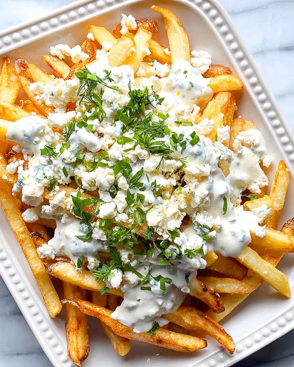 A plate of golden-brown fries forms the bottom layer, crisp and evenly cooked, arranged on a white, rectangular plate with small raised dots along the rim. On top of the fries is a thick layer of creamy white sauce, generously drizzled and covering most fries. Crumbled white cheese is scattered over the sauce, adding a crumbly texture. Fresh green herbs, finely chopped, are sprinkled on top, adding color contrast and a fresh look. The plate sits on a white marbled texture surface. photo taken with an iphone --ar 4:5 --v 7