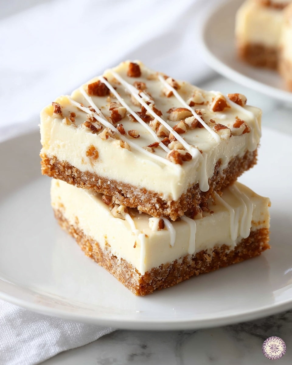 Two square cheesecake pieces are stacked on a white plate set on a white marbled surface; each piece has two layers with a crumbly light brown base and a creamy white top layer. The top creamy layer is decorated with small brown nut pieces scattered evenly and has thin, white icing drizzled in diagonal lines. The texture of the base looks crumbly while the top is smooth and glossy. Photo taken with an iphone --ar 4:5 --v 7