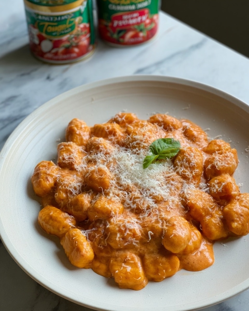 The image shows a close-up view of a white plate filled with creamy orange gnocchi covered in a thick sauce. The gnocchi pieces are small, soft, and round, evenly coated with the rich sauce that has a smooth and slightly glossy texture. On top, there is a light sprinkle of finely grated white cheese, adding texture contrast. One small green basil leaf is placed near the center, adding a touch of color. The plate rests on a white marbled surface, and in the background, two cans of tomato products are partially visible, slightly out of focus. Photo taken with an iphone --ar 4:5 --v 7