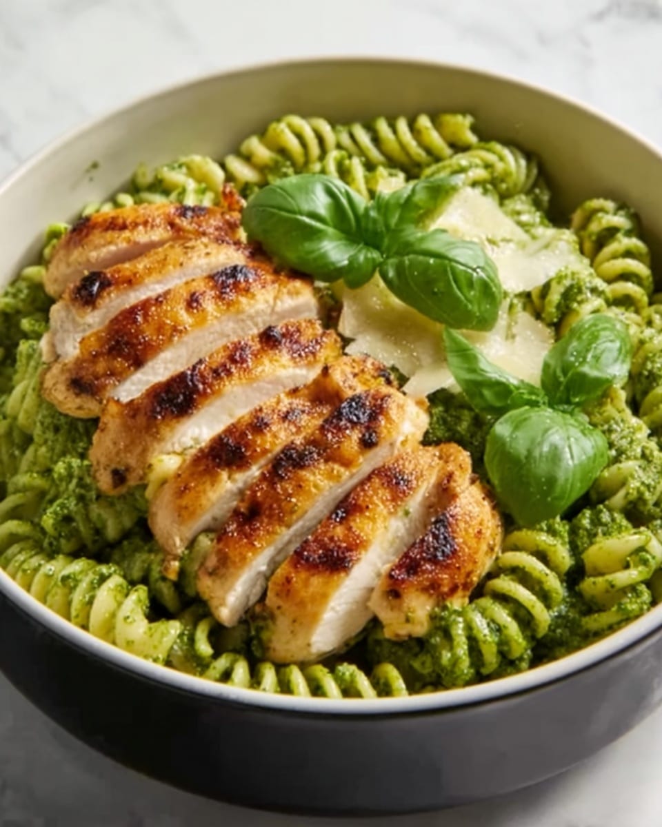 A white bowl sits on a white marbled surface, filled with pasta spirals coated in green pesto sauce, giving a textured, slightly glossy appearance. On top, there are six slices of grilled chicken breast, each slice showing golden-brown grill marks with a slightly charred texture and juicy interior. Bright green basil leaves are scattered around the chicken, adding fresh color contrast. The overall image shows a clean and fresh meal with layered textures of smooth pesto pasta, firm grilled chicken, and crisp basil leaves. Photo taken with an iphone --ar 4:5 --v 7