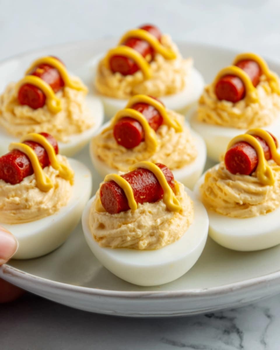 The image shows a white plate holding several deviled eggs arranged neatly. Each egg half has a smooth, creamy pale yellow filling that is piled high and topped with a small piece of bright red sausage or hot dog. On top of the sausage, there is a thin zigzag line of mustard in a soft yellow color. The eggs are displayed on a white marbled textured surface, and a woman's hand can be seen gently holding the edge of the plate. The image has a close-up view, capturing the details of the texture and colors. photo taken with an iphone --ar 4:5 --v 7