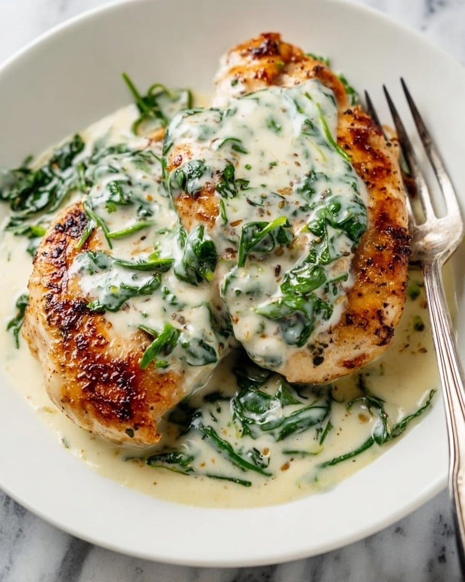 The image shows a white plate with two grilled chicken breasts that have a golden brown, slightly crispy surface and a light char. The chicken is topped with a creamy white sauce that has green spinach leaves mixed into it, covering parts of each chicken piece and pooling around the base. A fork with a silver head and a black handle rests on the edge of the plate. The background has a white marbled texture. photo taken with an iphone --ar 4:5 --v 7