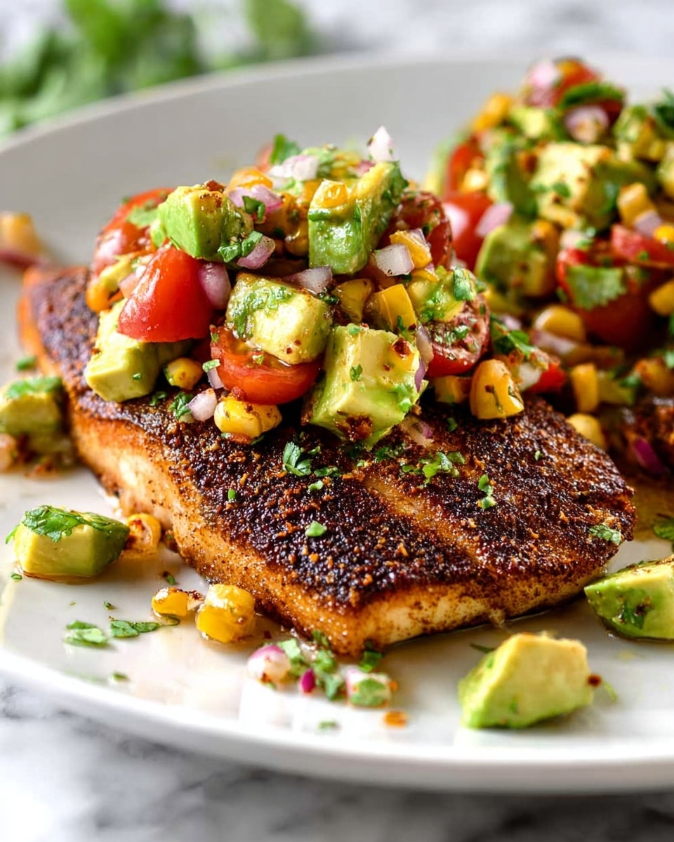 A piece of grilled fish fillet with a dark brown crispy texture forms the bottom layer on a white plate. On top, there is a colorful salad made of small pieces of bright green avocado, red cherry tomato halves, light yellow corn kernels, and small pieces of red onion, all mixed with chopped green herbs. Scattered around the plate are extra pieces of avocado and corn. The background shows a white marbled texture. photo taken with an iphone --ar 4:5 --v 7