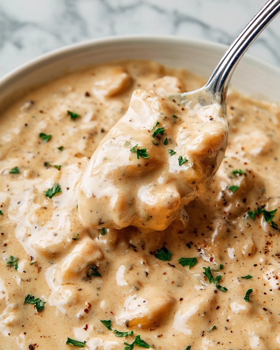 The image shows a close-up of a creamy dish with small, soft pieces covered in a thick, smooth sauce that is light brown with specks of black pepper and herbs scattered throughout. There are small green parsley leaves sprinkled on top, adding a touch of color. A metal spoon is scooping up a portion, with the sauce glistening and showcasing a rich, velvety texture. The background is a white marbled texture, keeping the focus on the creamy dish. Photo taken with an iphone --ar 4:5 --v 7