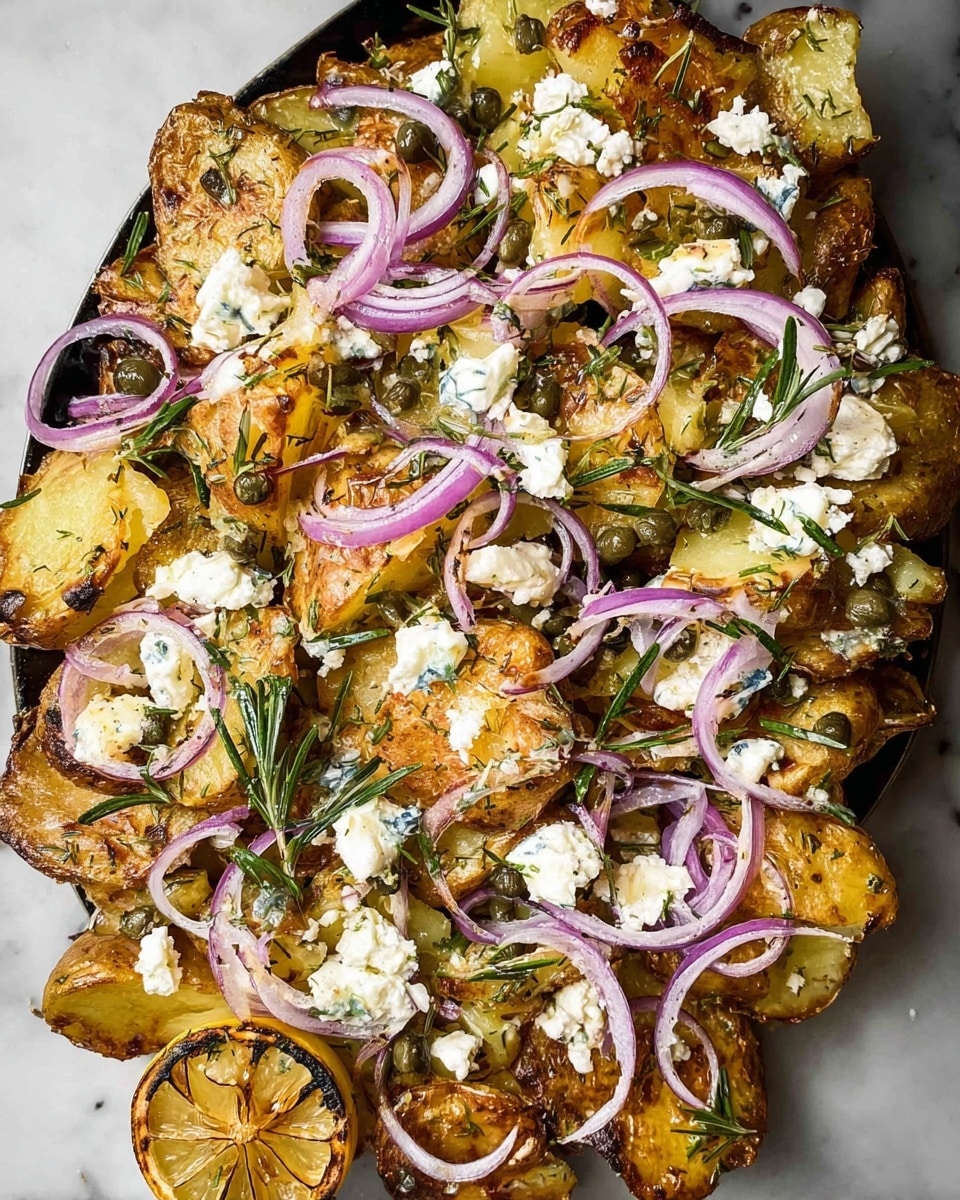 The dish shows many smashed golden-brown roasted potatoes with crispy edges forming the main layer, spread out evenly. On top of the potatoes are thin purple rings of raw red onion scattered all over. Tiny dark green capers are sprinkled across the dish, bringing small pops of color. Small white pieces of soft cheese are crumbled over the top, adding a creamy contrast. Bright green rosemary sprigs are placed sparingly among the potatoes and toppings, giving a fresh look. Some half lemon wedges with charred marks sit on the potatoes, adding a bright yellow touch alongside the browned textures. The whole dish sits on a white marbled surface. photo taken with an iphone --ar 4:5 --v 7