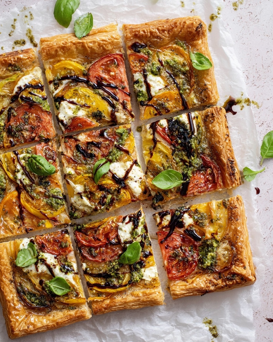 A rectangular puff pastry tart is cut into eight pieces and placed on white parchment paper over a white marbled texture. The tart has a golden-brown, flaky crust with a puffy edge that is thicker and darker than the center. The toppings include layers of roasted red and yellow tomato slices with soft, melted white cheese spread evenly across the surface. Green pesto drizzles and dark balsamic glaze streaks are scattered on top, adding color contrast. Fresh green basil leaves are placed on several pieces, giving a fresh look. The tart's texture looks airy and crisp with slightly charred edges. Photo taken with an iphone --ar 4:5 --v 7