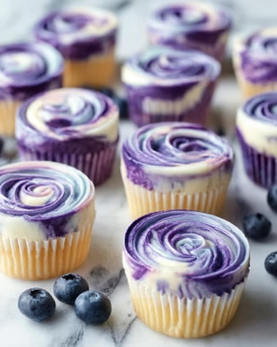 A group of small cupcakes with smooth, purple and white swirled frosting on top, each swirl creating a shiny, creamy texture. The cupcakes are placed on a white marbled surface with a few fresh blueberries scattered around, adding a deep blue contrast. The cupcakes have light yellow cake bases with white paper liners visible, and the swirl patterns look soft and glossy, making the frosting appear very smooth and inviting. photo taken with an iphone --ar 4:5 --v 7