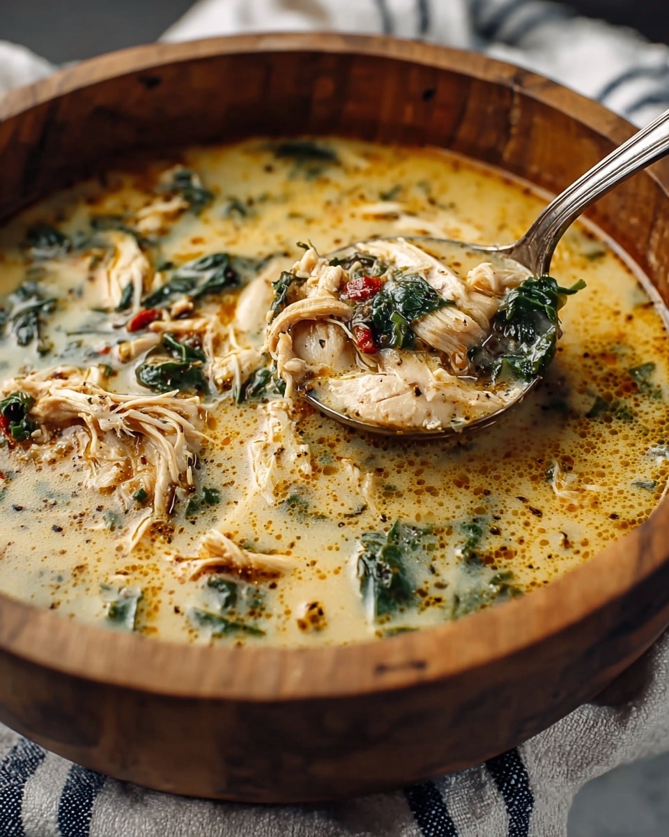 A close-up view of a creamy soup in a round wooden bowl with a smooth inner surface, filled with layers of shredded, light beige chicken pieces, dark green leafy herbs, and small red bits, all suspended in a rich, pale yellow broth with specks of black pepper and spices. A silver ladle filled with the soup sits inside the bowl, partially lifting a mix of chicken, herbs, and broth. The bowl is placed on a cloth with navy blue and white stripes on a white marbled texture surface. Photo taken with an iphone --ar 4:5 --v 7
