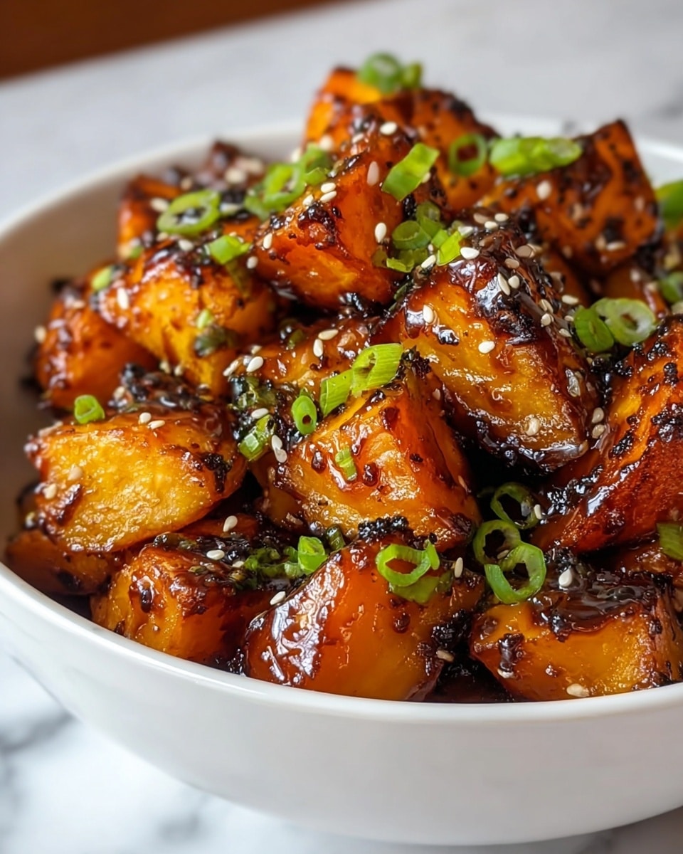 The image shows a close-up of a white bowl filled with golden brown roasted sweet potato chunks, glazed with a shiny, sticky dark sauce. The sweet potatoes have a slightly charred, crispy texture on the edges and a soft inside. Scattered on top are small, bright green chopped scallions and white sesame seeds, adding contrast and texture. The bowl sits on a white marbled surface, giving a clean and fresh look. photo taken with an iphone --ar 4:5 --v 7