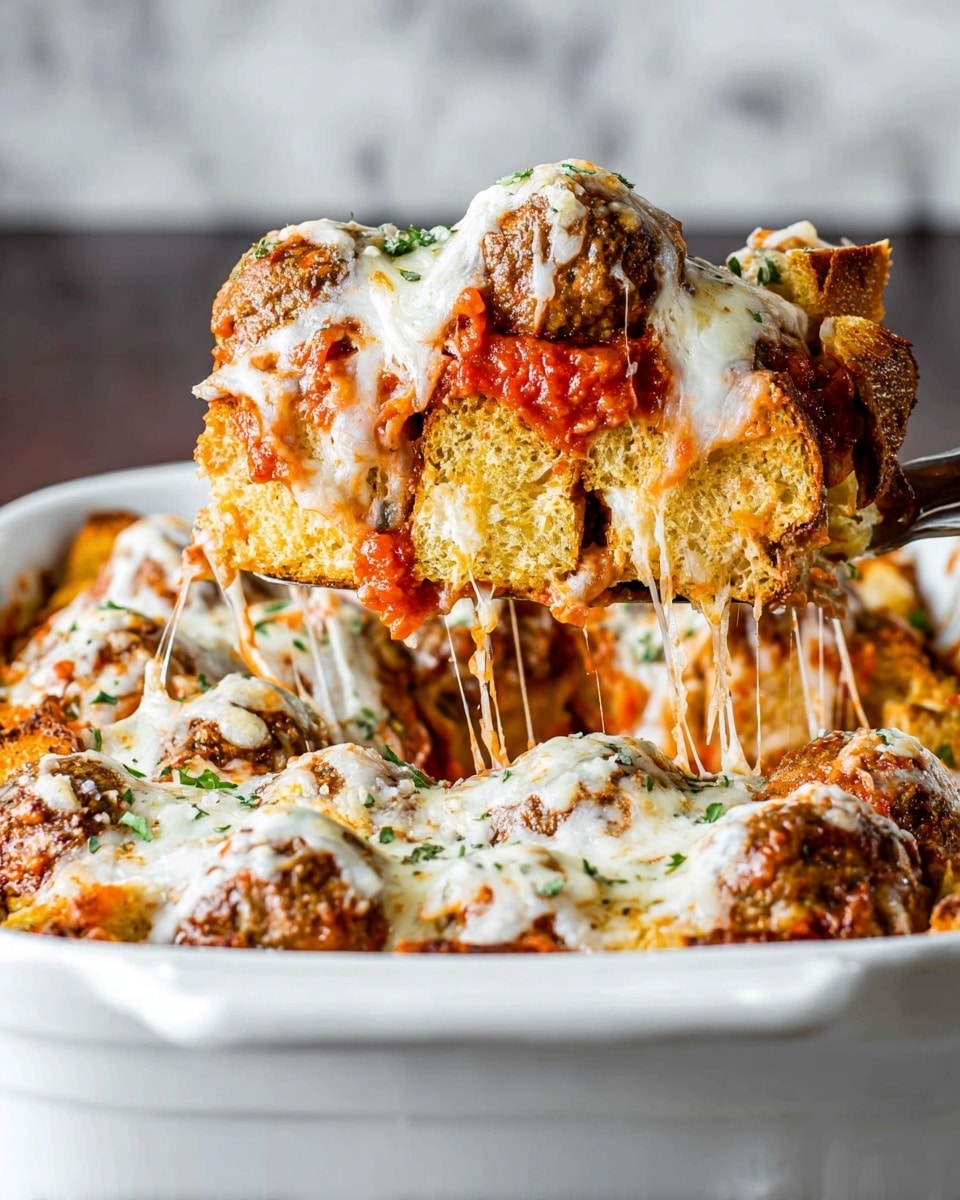 This image shows a close-up of a layered baked dish being lifted with a spatula from a white baking dish. The dish has three main layers: a bottom layer of golden toasted bread cubes with a textured crust, a middle layer of bright red tomato sauce with some melted shredded cheese, and a top layer of browned meatballs covered with white melted cheese and small green herb pieces. The cheese stretches in thin strands from the spatula back to the dish, adding to the gooey texture. The background is a white marbled surface, creating a clean and bright setting. photo taken with an iphone --ar 4:5 --v 7