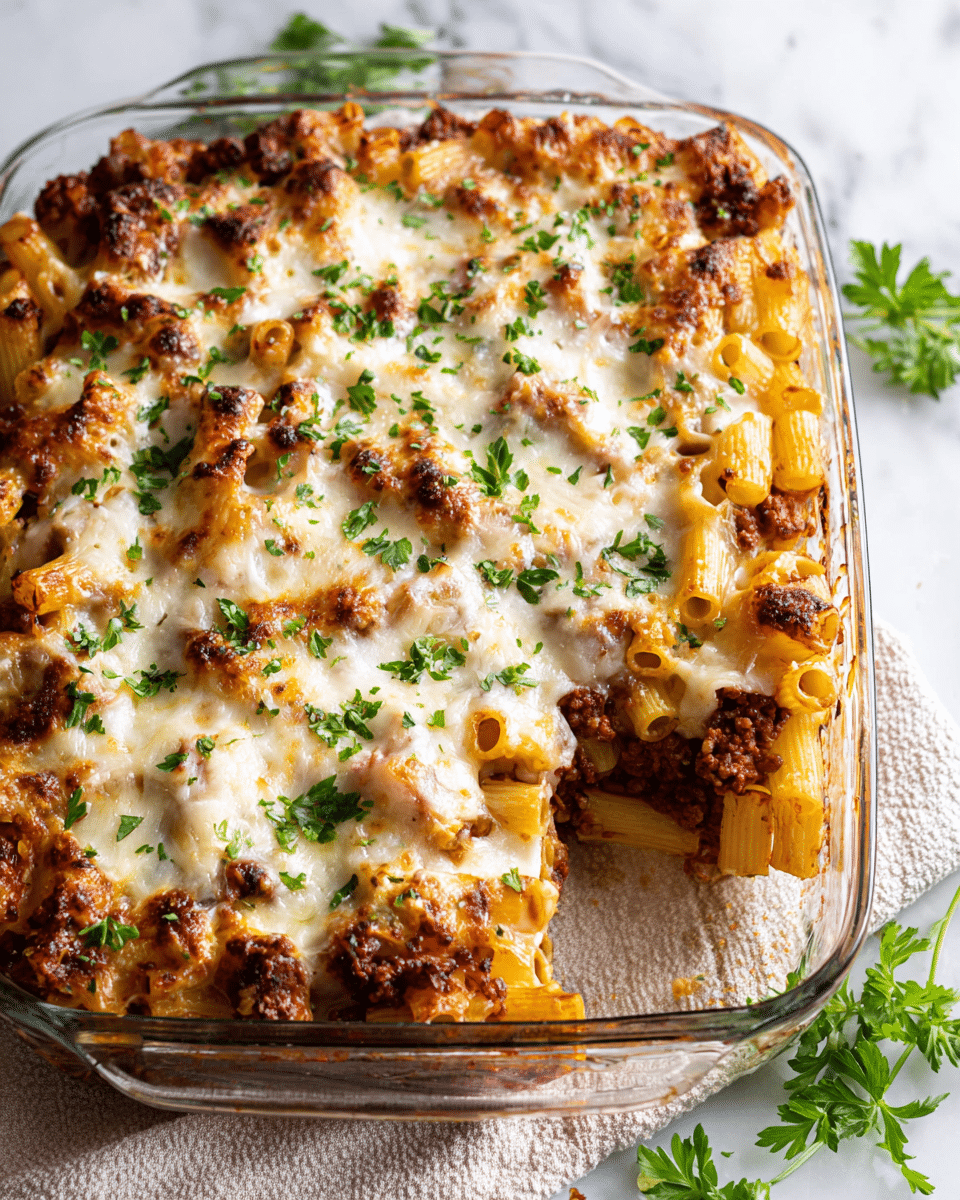A clear glass baking dish filled with baked pasta showing about three layers. The bottom layer is a rich, dark reddish-brown meat sauce with visible pieces of ground meat. The middle layer has tubular shaped pasta coated in the sauce, with some pasta visible in a golden-yellow color. The top layer is thick melted cheese, white with browned spots and bubbly texture, sprinkled with small bright green parsley leaves. The dish sits on a soft beige cloth on a white marbled surface. Some fresh parsley leaves are scattered around the dish photo taken with an iphone --ar 4:5 --v 7
