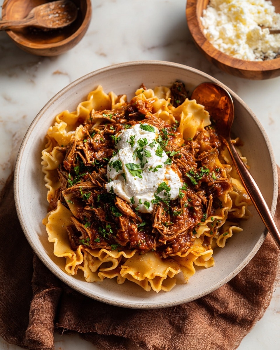 A white bowl holds a serving of pasta with wide, ruffled-edged noodles coated in a rich red-brown meat sauce mixed with shredded meat. On top, a dollop of white ricotta cheese sits in the center, sprinkled with bright green chopped herbs. The dish rests on a folded brown cloth, and a copper-colored fork and spoon rest inside the bowl. In the background, a wooden bowl with white cheese and a wooden utensil are partially visible, all placed on a white marbled texture surface. photo taken with an iphone --ar 4:5 --v 7