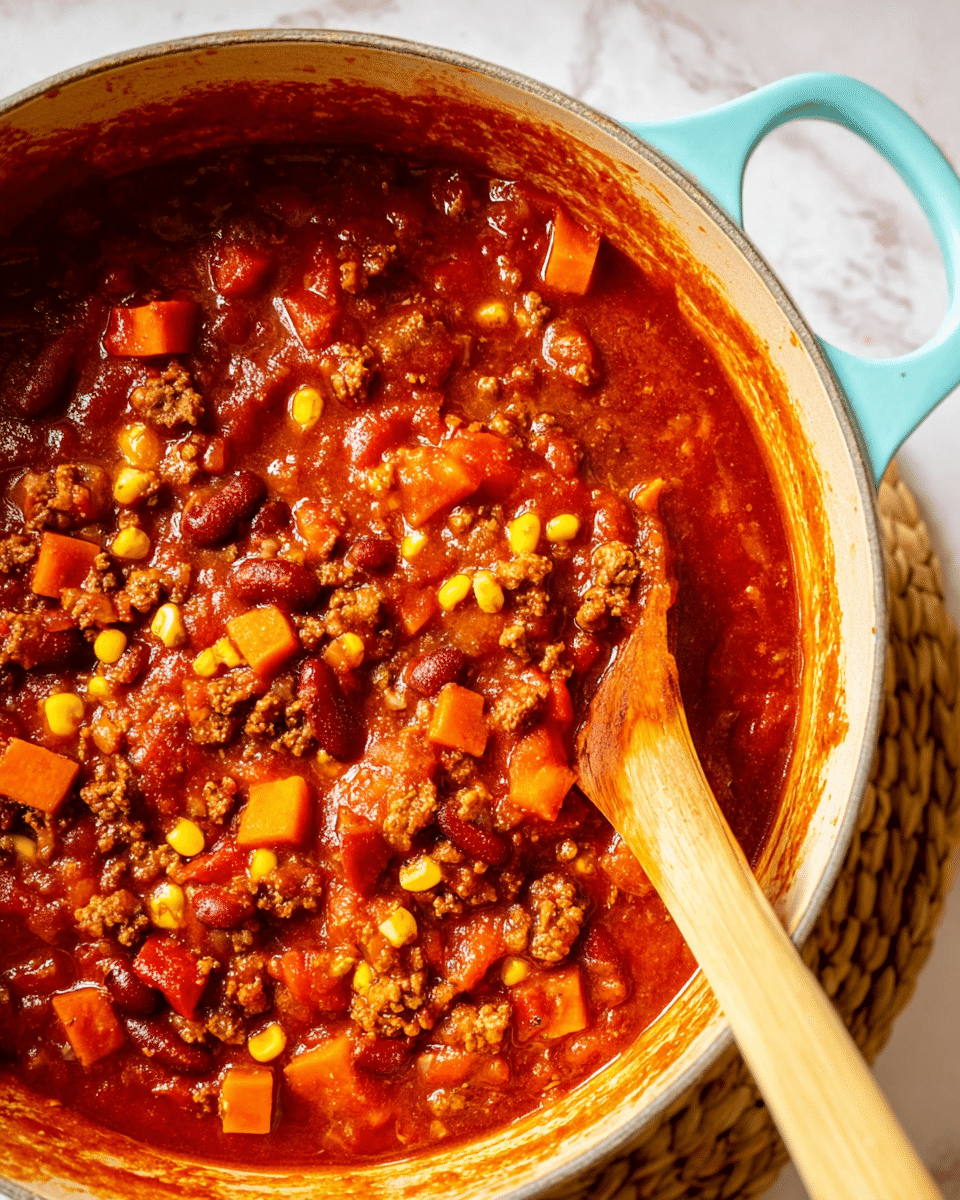A close-up view of a rich chili stew in a light blue pot, filled with a thick red tomato sauce mixed with chunks of ground meat, red kidney beans, diced orange carrots, yellow corn kernels, and small pieces of onion and red bell pepper. The surface of the chili shows a textured mix with visible bits of ingredients, and a wooden spoon is partially dipped into the stew on the right side. The pot sits on a woven mat, set on a white marbled textured surface. Photo taken with an iphone --ar 4:5 --v 7
