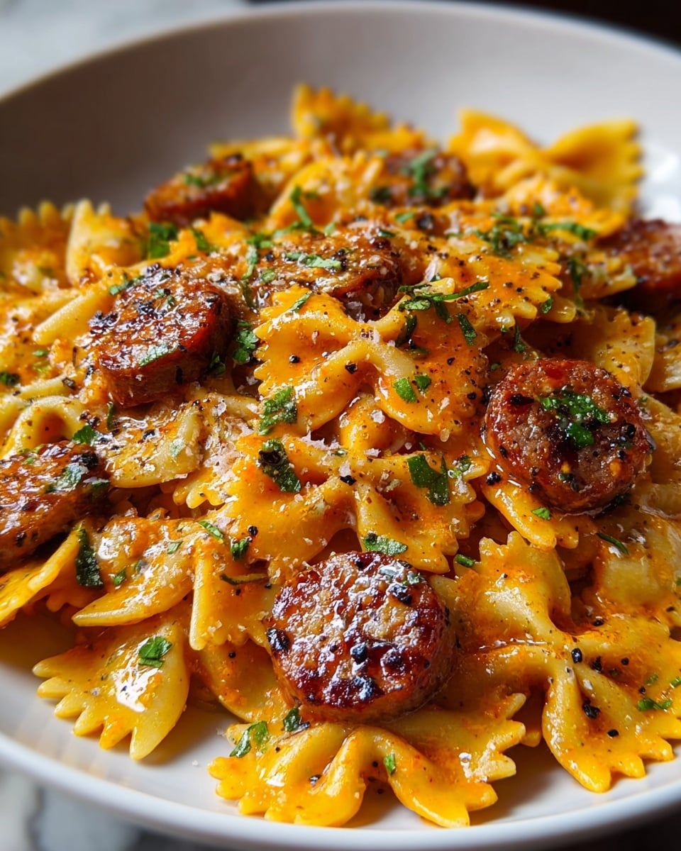 A white plate filled with golden yellow farfalle pasta tossed in a bright orange-red sauce, scattered with round, browned sausage slices that have a slightly crispy texture. The dish is sprinkled with chopped green herbs and small specks of black pepper, adding dots of green and black over the pasta and sausage. The sauce clings to the ridges of the farfalle, giving a shiny, slightly oily look. Photo taken with an iphone --ar 4:5 --v 7