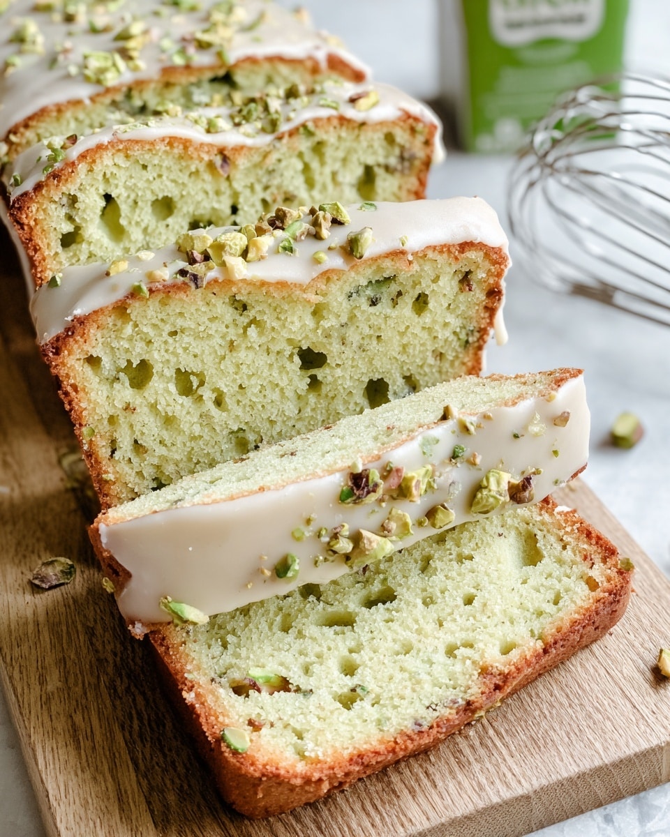 Four slices of light green pistachio cake are stacked diagonally on a wooden board, each slice showing a soft, moist texture with small holes and bits of pistachio nuts inside. The top layer of the cake is topped with a thin white glaze that has a shiny finish, scattered with crushed green pistachios adding small pops of color and texture. The crust around the edges is golden brown and slightly uneven, giving a homemade look. In the background, part of a carton and a metal whisk are slightly blurred, placed on a white marbled surface. Photo taken with an iphone --ar 4:5 --v 7