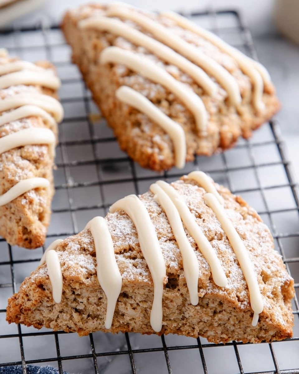 The image shows three triangular scones with a rough, crumbly texture and a light brown color, each dusted lightly with powdered sugar on top. They are arranged on a cooling rack over a white marbled surface, and each scone is drizzled with thick, creamy white icing in wavy lines running horizontally across their surface. The scones have a slightly irregular shape, and one scone has a small piece missing at the bottom corner. photo taken with an iphone --ar 4:5 --v 7