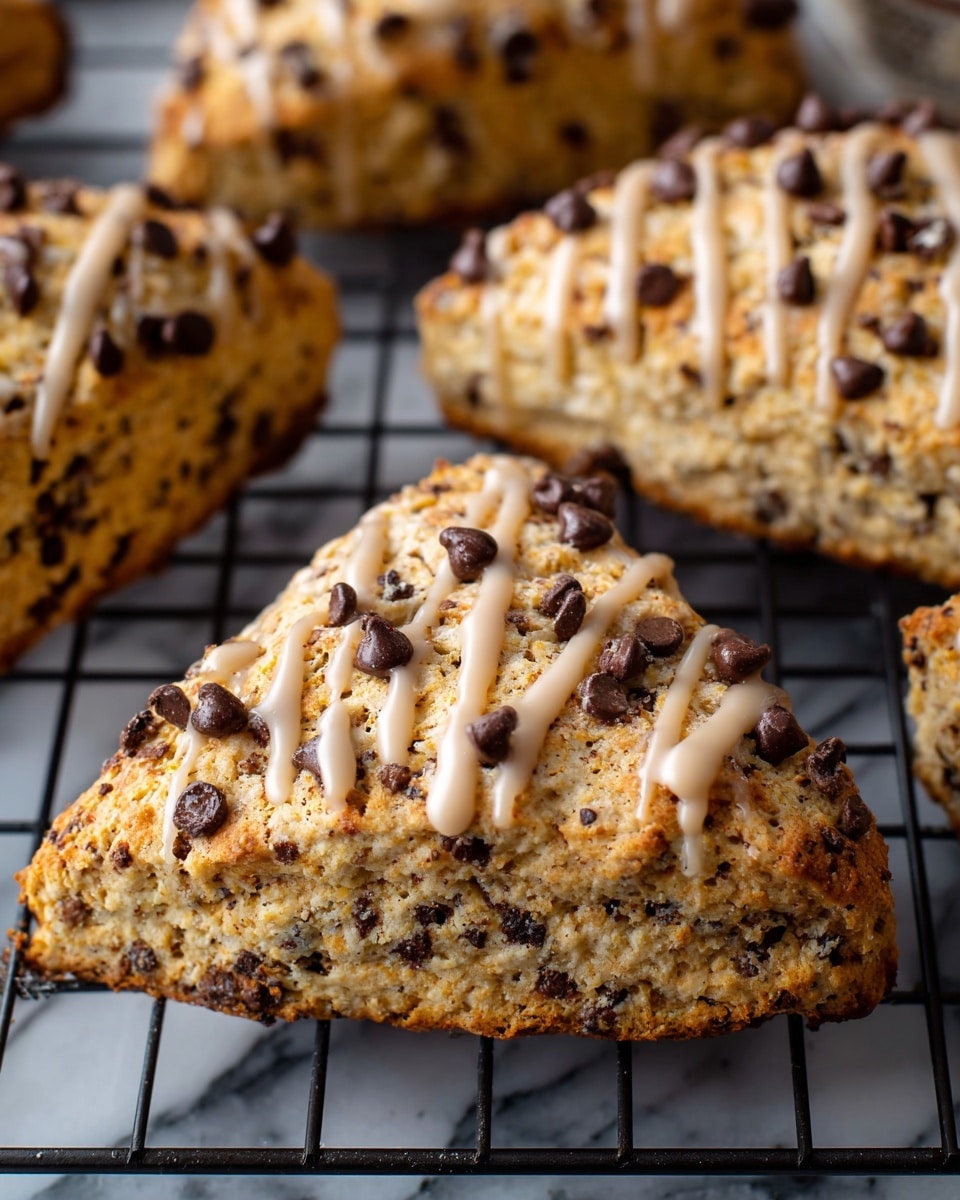 A close-up view of a freshly baked triangular scone with a golden-brown crumbly texture dotted with small dark chocolate chips throughout. The top is lightly drizzled with beige icing, which flows in thin stripes down the sides, and sprinkled with extra chocolate chips that add a dark contrast. The scone rests on a black wire cooling rack above a white marbled surface. In the background, several other scones with similar appearance are partially visible. photo taken with an iphone --ar 4:5 --v 7