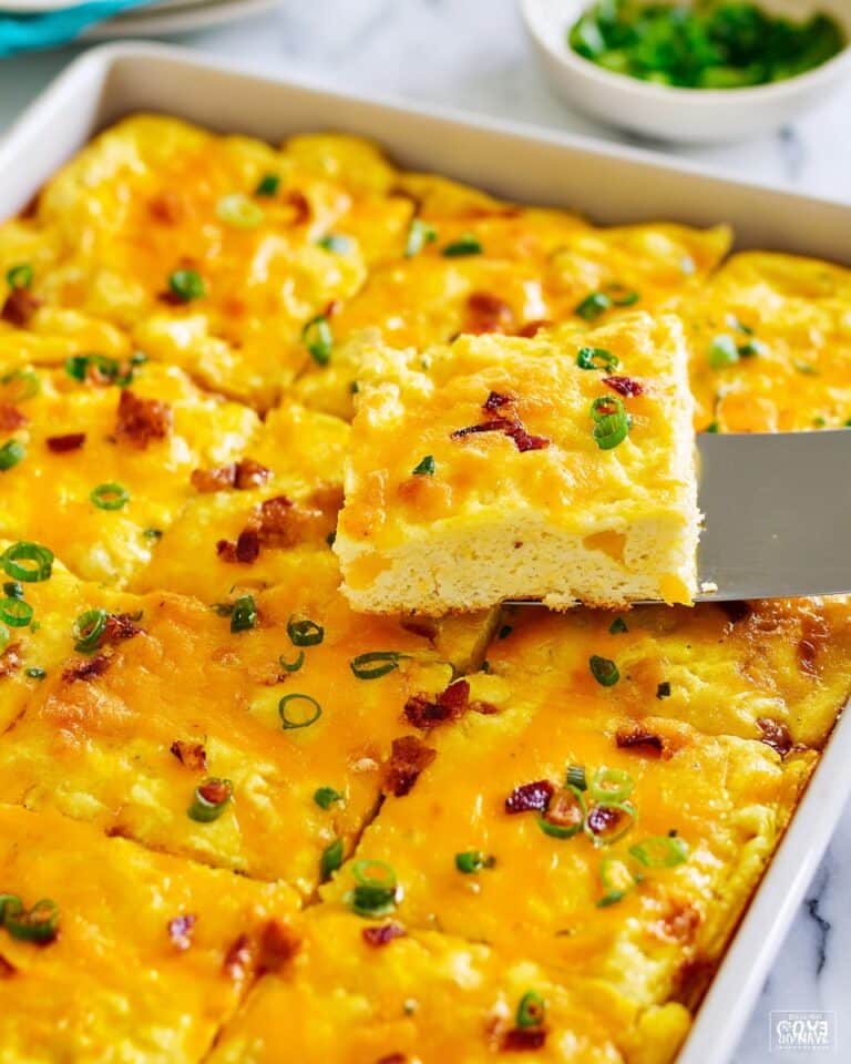 Sheet Pan Eggs with Ham, Bacon, Green Onions, and Cheddar Recipe