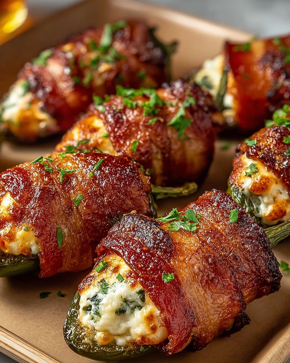 The image shows a close-up of several stuffed jalapeño peppers wrapped in crispy, reddish-brown bacon. Each jalapeño has a green base, filled with a creamy, white cheese mixture that has small green herbs mixed in. The bacon is cooked to a crispy texture with a slight char, and the cheese inside is melted and slightly golden in spots. The stuffed jalapeños are sprinkled with finely chopped fresh green herbs on top. They are arranged closely together on a light tan tray set on a white marbled surface. The lighting highlights the shiny, golden textures of the bacon and cheese, making the dish look hot and fresh. Photo taken with an iphone --ar 4:5 --v 7