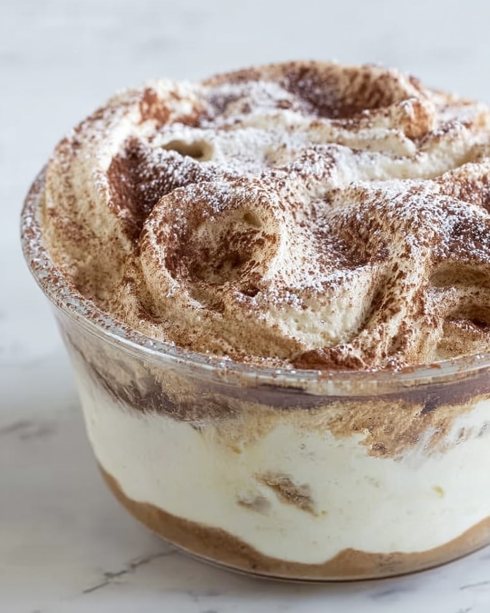 The image shows a dessert in a clear glass bowl with two visible layers. The bottom layer is creamy white with a smooth texture, while the top layer is uneven with swirls of light brown and dark brown, likely cocoa powder, dusted with powdered sugar. The surface of the dessert looks soft and slightly fluffy, and the bowl is placed on a white marbled surface. Photo taken with an iphone --ar 4:5 --v 7