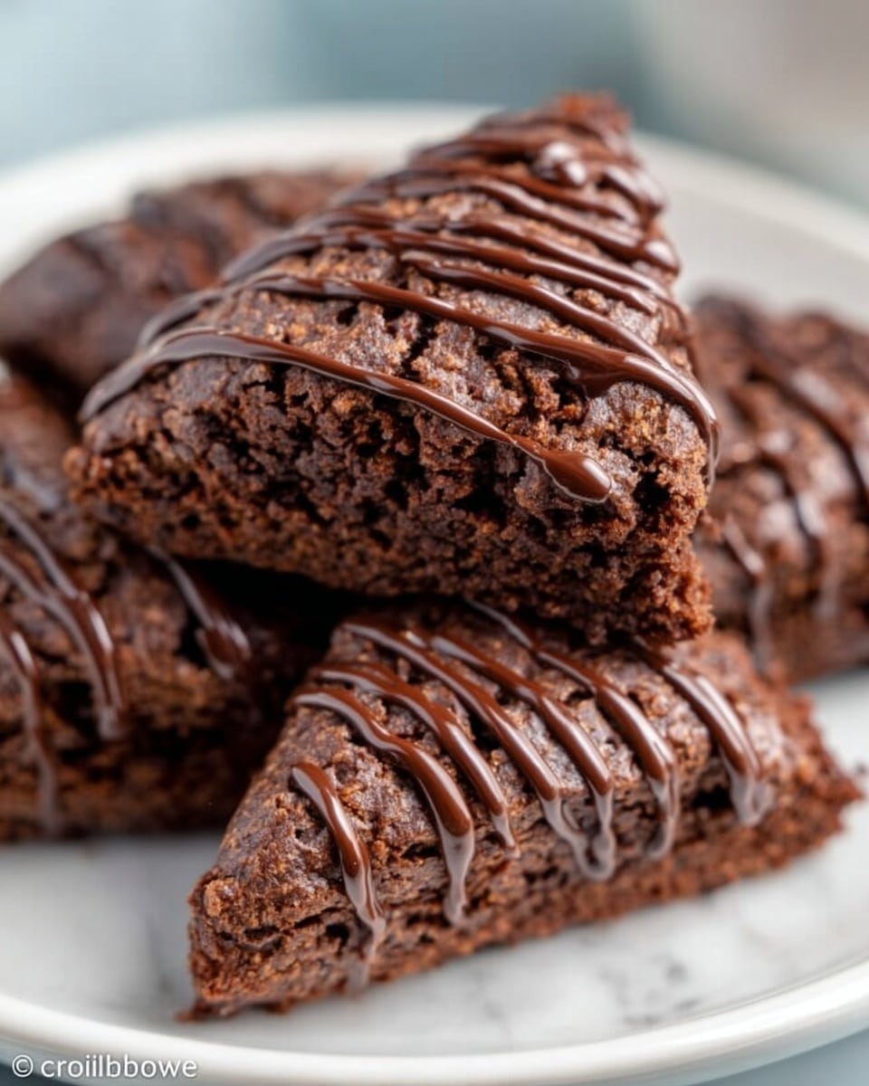 A close-up of several triangular chocolate scones stacked on a white plate with a white marbled surface in the background. Each scone has a dark brown, crumbly texture and is drizzled with smooth, shiny chocolate sauce on top, creating thin lines that cover the surface. The scones look moist and rich, with the top one positioned slightly forward and resting over the others beneath it. photo taken with an iphone --ar 4:5 --v 7