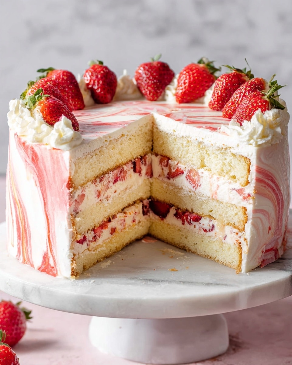 A three-layer vanilla cake with light yellow sponge layers, each separated by a creamy white layer filled with small chopped strawberries. The outside is covered in white frosting with pink strawberry swirls giving a marbled effect. The top is decorated with whole fresh strawberries arranged near the edge. A slice is removed revealing the inner layers clearly. The cake sits on a white marble cake stand against a white marbled background. photo taken with an iphone --ar 4:5 --v 7