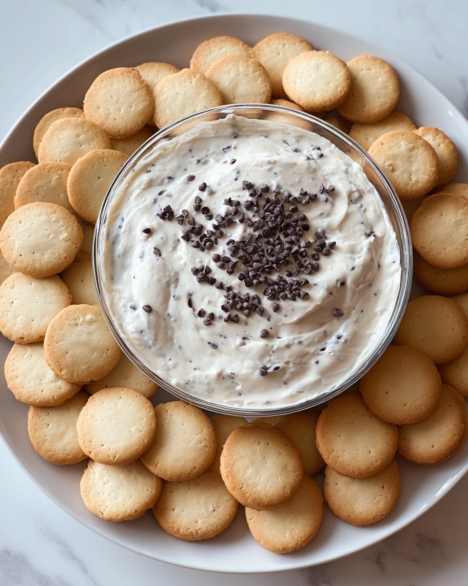 A white round plate on a white marbled surface is filled with many small, round, lightly golden cookies with smooth, slightly browned edges. In the center of the plate, there is a clear glass bowl filled with thick, creamy white dip that has small dark chocolate chips mixed through and scattered on top. The dip's texture is smooth with gentle swirls visible, and the cookies surround the bowl closely, covering the plate almost completely. photo taken with an iphone --ar 4:5 --v 7
