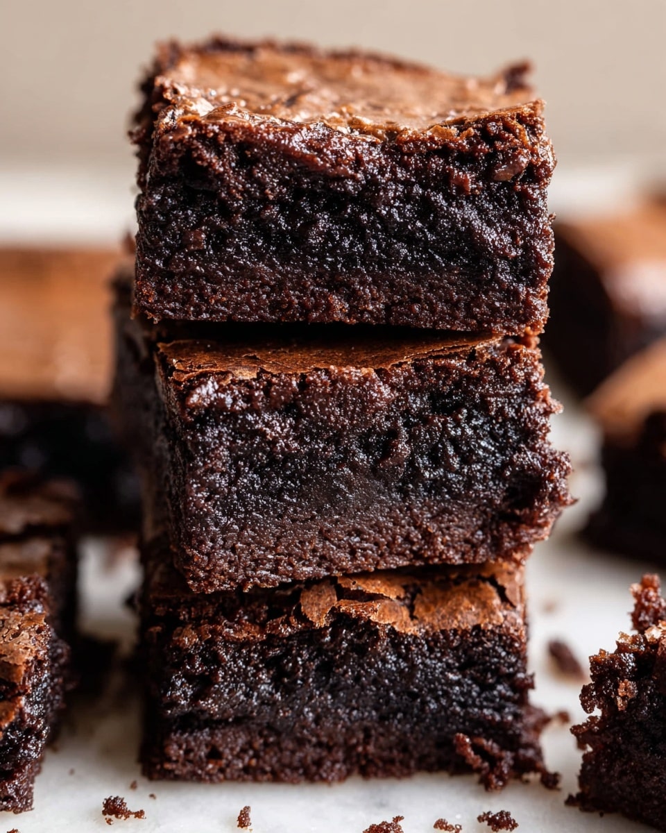 A close-up view of three dense, dark brown brownies stacked in the center, each with a slightly cracked, shiny, and textured top layer and a moist, rich interior layer visible from the side. Around the stack, other brownie pieces lay separately on a white marbled surface with some scattered crumbs. The brownies have a deep chocolate color with a mix of smooth and crumbly textures. photo taken with an iphone --ar 4:5 --v 7