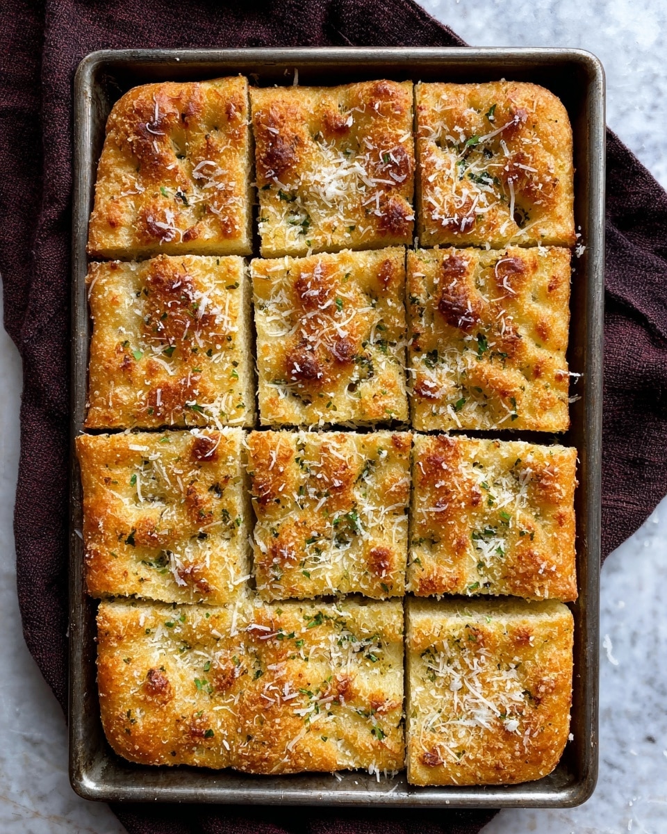 The image shows a rectangular metal baking tray filled with eight pieces of golden brown focaccia bread. The focaccia has a textured, bubbly crust with a slightly crispy look and some small green herb bits sprinkled on top. There is a generous layer of grated cheese scattered evenly across the whole surface, giving a fine white contrast to the warm brown bread. The tray rests on a white marbled texture with a dark cloth napkin partly visible on the side. The focaccia pieces are well separated, showing clear edges and a soft, fluffy interior. photo taken with an iphone --ar 4:5 --v 7