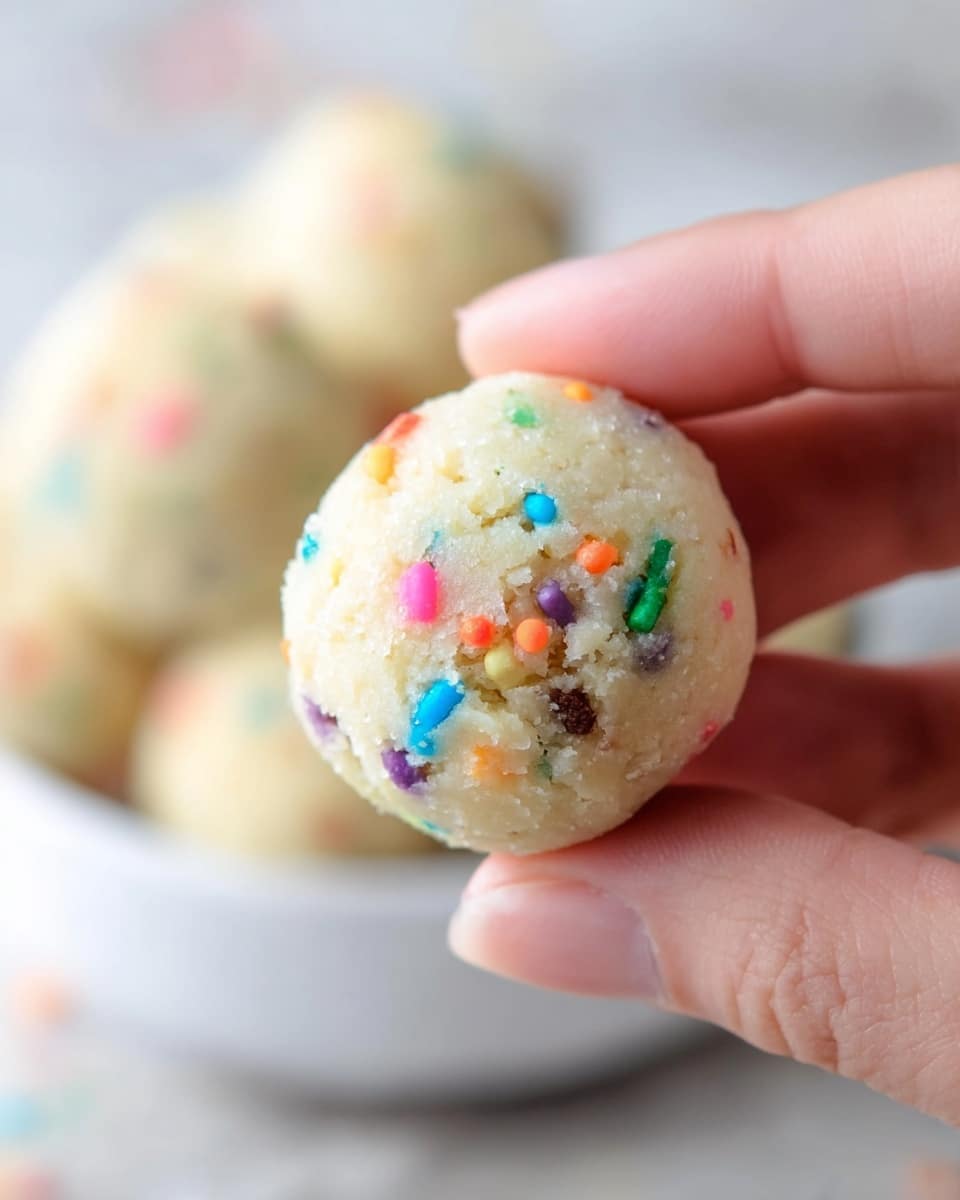 A close-up view of a small round cookie ball held between a woman's thumb and forefinger. The cookie ball is light beige in color with a soft, crumbly texture and is dotted with small, colorful sprinkles in pink, orange, blue, green, yellow, and brown. The background shows a blurred white bowl containing several more of these cookie balls resting on a white marbled surface. The focus is sharp on the cookie ball, highlighting its many bright sprinkles and tender texture. Photo taken with an iphone --ar 4:5 --v 7