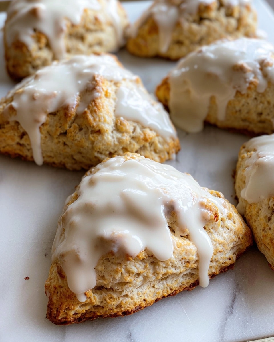 Several golden-brown scones with a rough and crumbly texture are shown. Each scone is thick and shaped unevenly, with a creamy white icing layer dripping unevenly over the top and sides. The scones are placed closely together on a white marbled textured surface, emphasizing the contrast between the light icing and the baked dough beneath. The lighting highlights the shine on the glaze and the roughness of the scone crust. Photo taken with an iphone --ar 4:5 --v 7