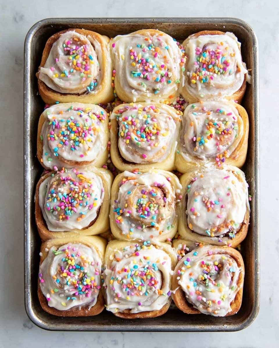 The image shows a metal baking tray holding twelve square cinnamon rolls arranged in three rows of four. Each roll has a golden brown base with visible swirls of cinnamon inside, topped with a thick, smooth layer of white cream cheese frosting spread evenly. Colorful round sprinkles in pink, yellow, blue, orange, white, and green are scattered over the frosting on all the rolls. The tray is set on a white marbled surface brightening the overall look. photo taken with an iphone --ar 4:5 --v 7