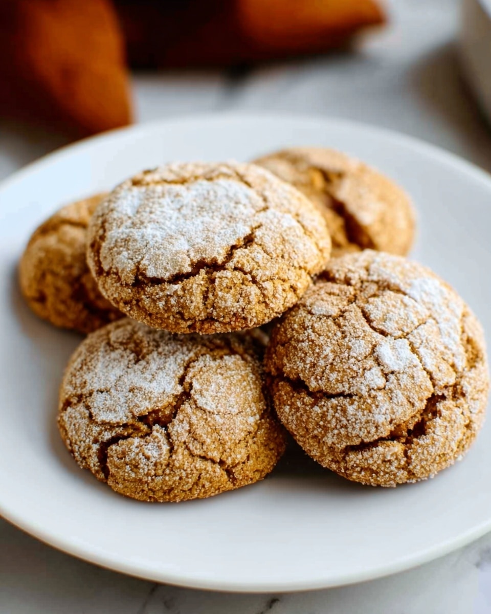 The image shows a white plate holding four round cookies that have a golden-brown color with cracks on the surface, giving them a slightly rough texture. Each cookie is lightly dusted with powdered sugar, adding a soft white contrast to the warm tones. The plate is set on a white marbled surface, and the background is softly blurred with hints of warm colors, making the cookies the main focus. The cookies look soft inside with a slightly crisp outside. photo taken with an iphone --ar 4:5 --v 7