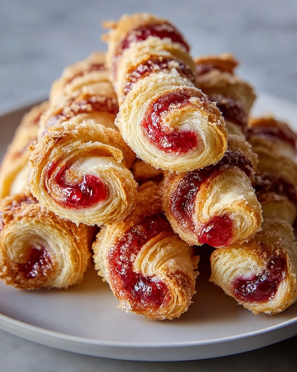 The image shows a stack of twisted pastries arranged on a white plate over a white marbled surface. Each pastry consists of two main layers: a golden-brown, flaky outer crust that is crispy and slightly curled, and a bright red jam filling visible in swirled strips along the twists. The pastries have a rough texture with sugar crystals sprinkled on top, adding sparkle and crunch. The red jam is glossy and slightly translucent, contrasting with the matte, toasted dough. The twists are stacked in a loose pile, showing both the ends and the twisted sides together. Photo taken with an iphone --ar 4:5 --v 7