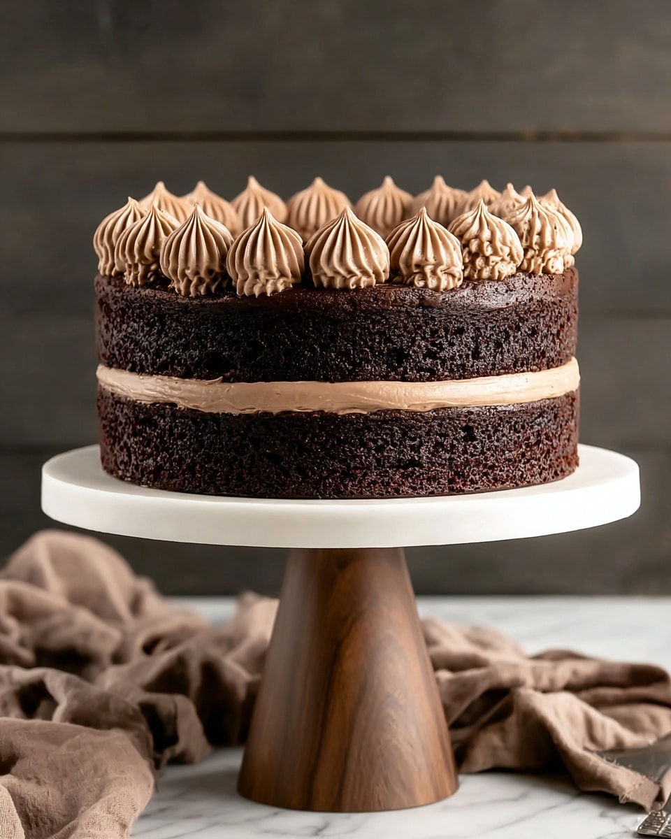A two-layer chocolate cake with thick dark brown, moist cake layers. Between the layers is a smooth light brown chocolate frosting, piped in small, round dollops evenly spaced. The top layer is decorated with similar dollops of the same light brown frosting, giving a textured, creamy look. The cake sits on a white cake stand with a wooden tapered base. The whole scene is set on a white marbled texture surface, with soft brown fabric casually draped around. photo taken with an iphone --ar 4:5 --v 7