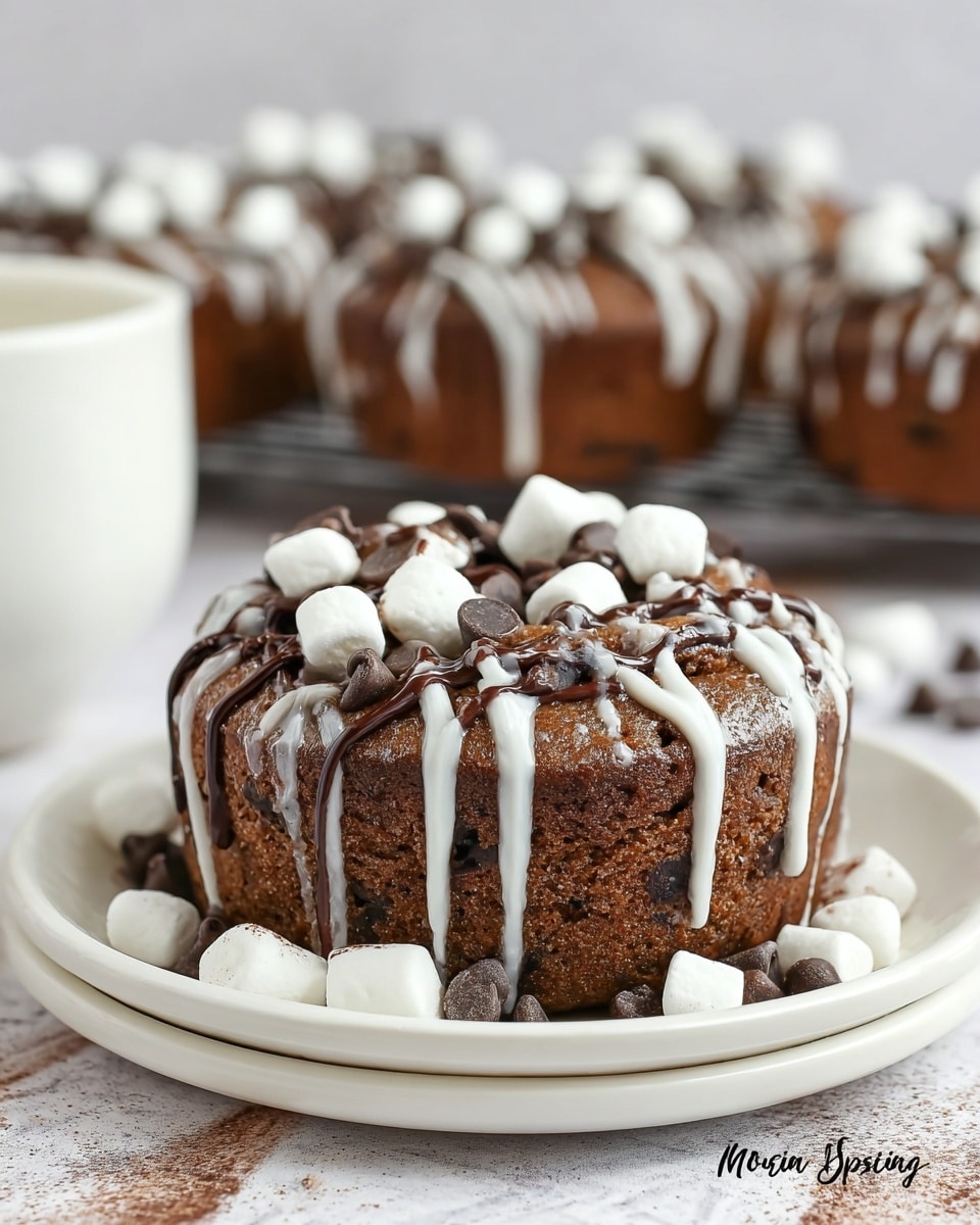 A round chocolate muffin sits on a white plate on a white marbled textured surface, with a layer of shiny chocolate cake forming the base. The muffin is topped with a drizzle of dark chocolate syrup and white icing in thin lines that run down the sides, creating a glossy and textured look. Small white marshmallows and dark chocolate chips are scattered on top and around the base, adding texture and contrast. In the background, blurred muffins with the same toppings can be seen in a row. Photo taken with an iphone --ar 4:5 --v 7