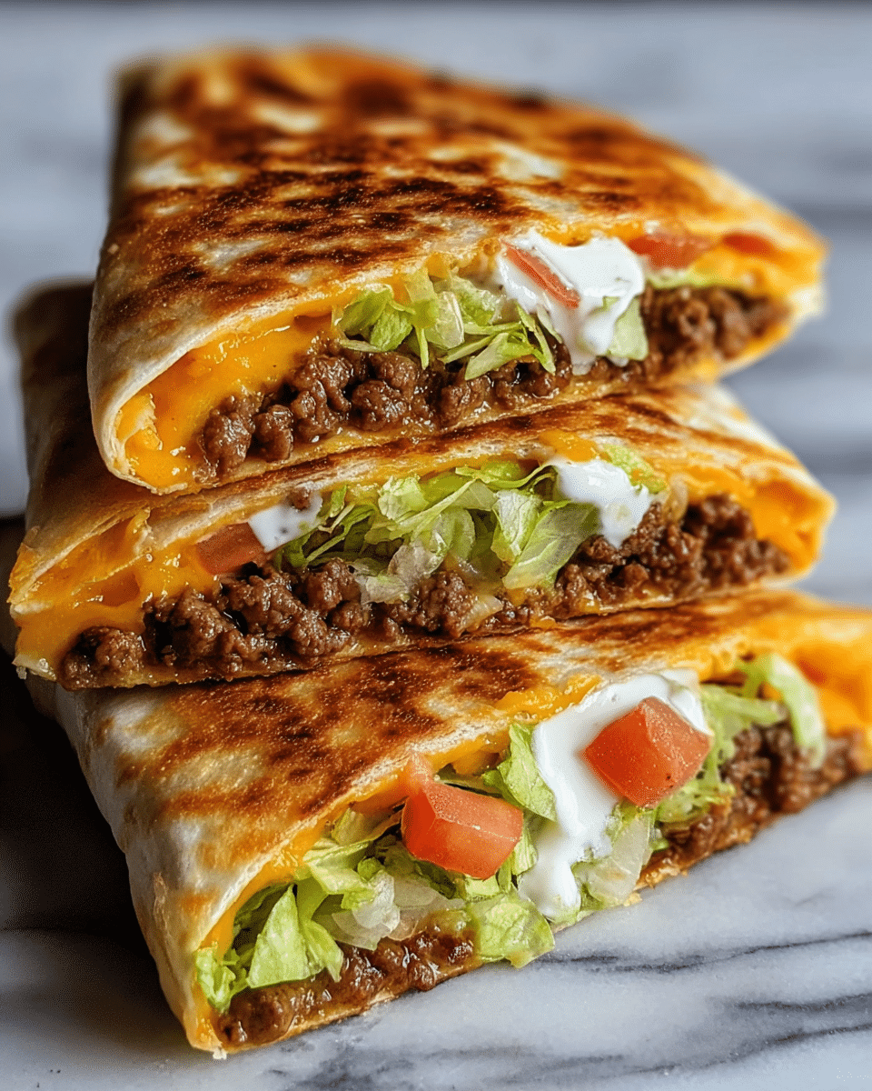 Two folded quesadilla halves stacked on a white marbled surface, each showing three main layers inside: a crispy, golden-brown grilled tortilla on the outside, a middle layer of melted orange cheddar cheese mixed with brown cooked ground beef, and a fresh layer of crisp green lettuce with some diced red tomatoes and white creamy sauce visible near the top. The textures of the warm, grilled tortilla contrast with the soft melted cheese and the crunchy fresh vegetables. Photo taken with an iphone --ar 4:5 --v 7