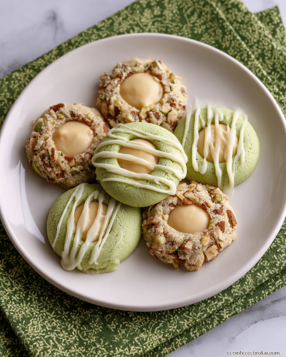 The image shows a white plate holding seven thumbprint cookies arranged in a round pattern on a white marbled surface. There are two kinds of cookies: three are light green with a smooth texture and have a creamy light tan filling in the center, some drizzled with white icing in diagonal lines. The other four cookies have a rough texture with bits of nuts or seeds on the edges, a light green base, also with the same creamy light tan filling in the middle, topped with white icing drizzled in thin lines. The plate is set on two green patterned cloth napkins. photo taken with an iphone --ar 4:5 --v 7