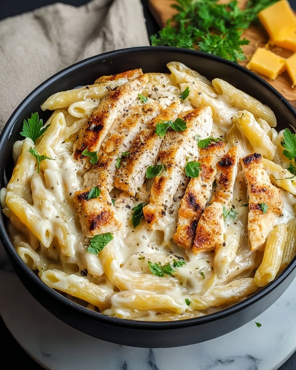 A black bowl filled with a creamy pasta dish resting on a white marbled surface, with a beige cloth partially seen on the upper left and fresh green parsley and yellow cheese slices on a wooden board on the upper right. The dish has two main layers: the bottom layer is pale yellow penne pasta coated with a smooth, thick white cream sauce, evenly spread around the bowl’s base. On top, chicken strips with golden-brown grilled marks are scattered, speckled with black pepper and small parsley leaves for a touch of green. The pasta looks soft and well-coated, while the chicken pieces add a slightly crispy texture on their surface. Photo taken with an iphone --ar 4:5 --v 7