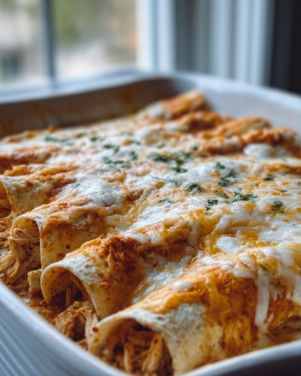 A close-up of a white dish filled with rolled enchiladas arranged side by side, each filled with shredded chicken that has a slightly reddish-brown color from the sauce. The enchiladas are covered with melted cheese that is gooey and lightly browned on top, with some small white patches from the cheese. The dish is set on a white marbled surface with soft natural light coming from a window in the background. Photo taken with an iphone --ar 4:5 --v 7