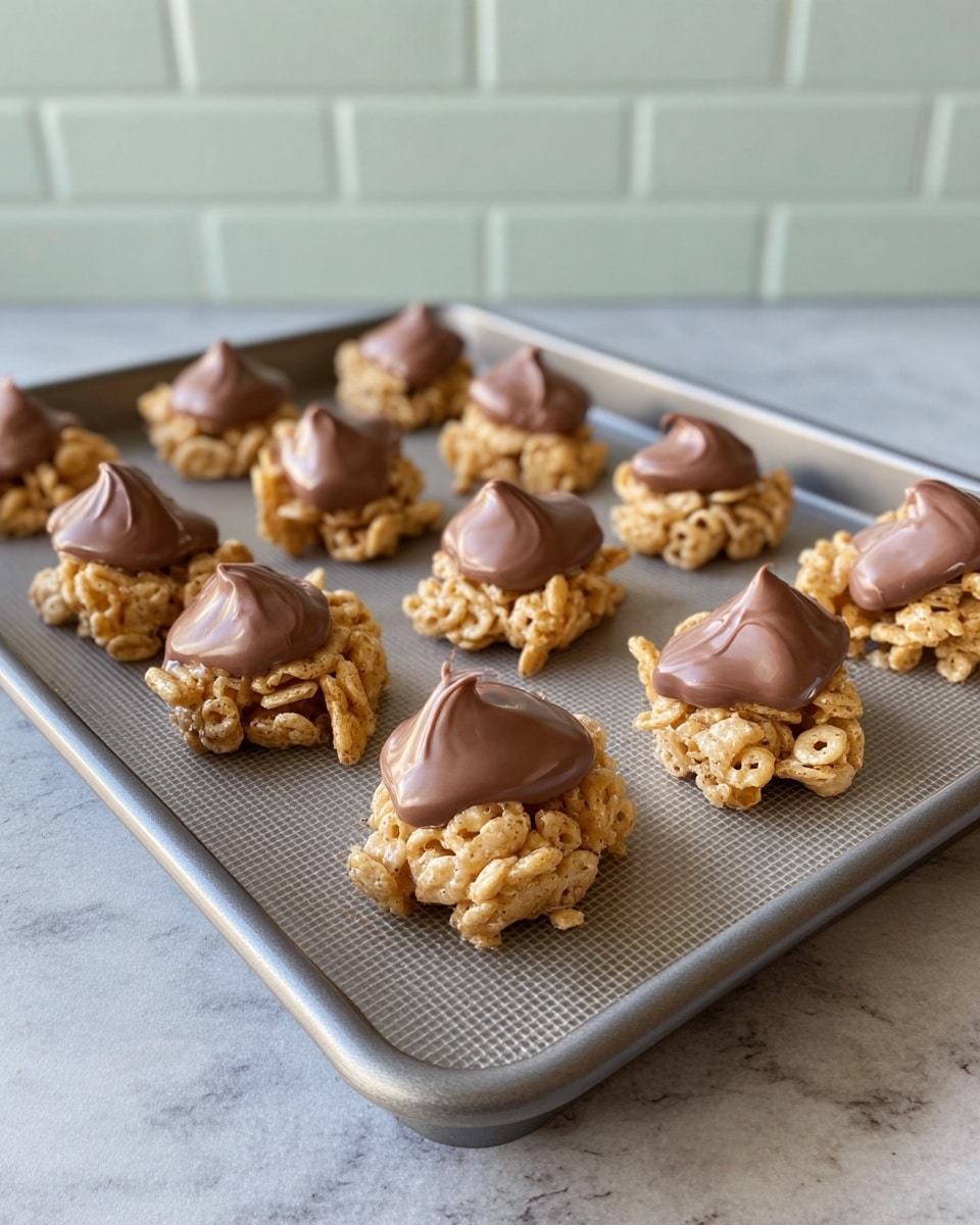 There are eleven small clusters of light golden cereal squares on a grey baking tray lined with a textured mat. Each cluster is topped with a smooth dollop of shiny milk chocolate, slightly melting into the cereal below. The clusters are arranged in three uneven rows, with a soft focus background showing a light grey white marbled surface and a light green brick wall. The lighting highlights the textures of the cereal and chocolate, making them look fresh and tasty. photo taken with an iphone --ar 4:5 --v 7