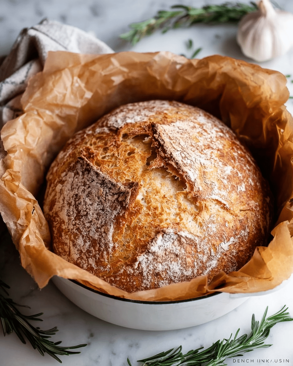 A round, golden-brown loaf of bread sits inside a white bowl lined with crinkled parchment paper. The bread's crust is cracked and lightly dusted with flour, showing a rough and rustic texture. The bowl rests on a white marbled surface, surrounded by sprigs of rosemary and a bulb of garlic, creating a cozy, fresh atmosphere. photo taken with an iphone --ar 4:5 --v 7
